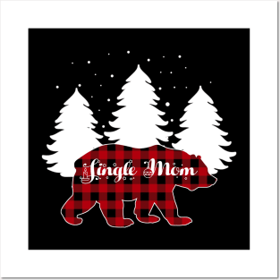 Single Mom Bear Buffalo Red Plaid Matching Family Christmas Posters and Art